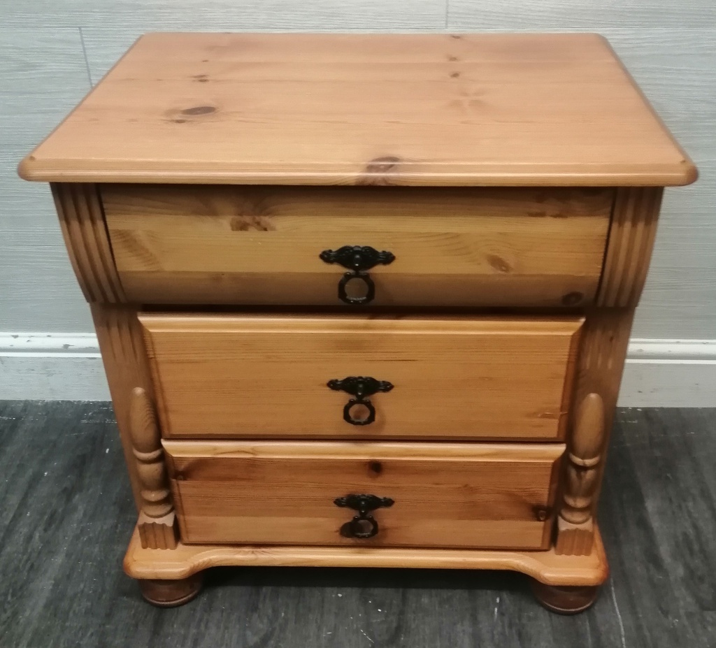 PINE THREE DRAWER BEDSIDE