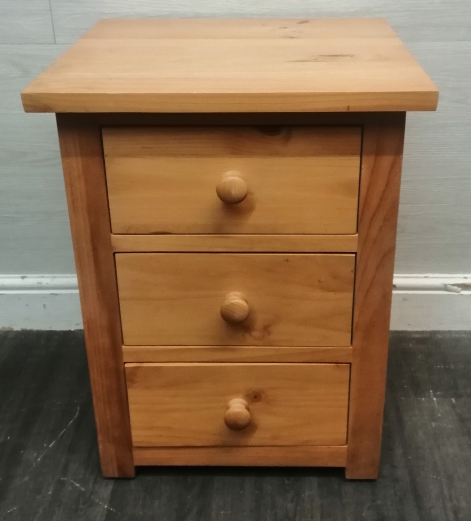 Quality solid pine three drawer bedside chest