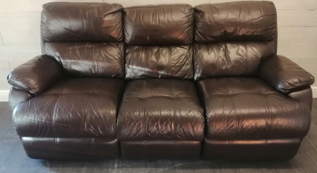 BROWN LEATHER THREE SEATER RECLINER SOFA