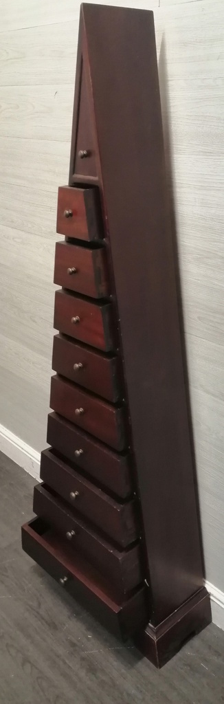 DARK WOOD PYRAMID CHEST OF 9 DRAWERS