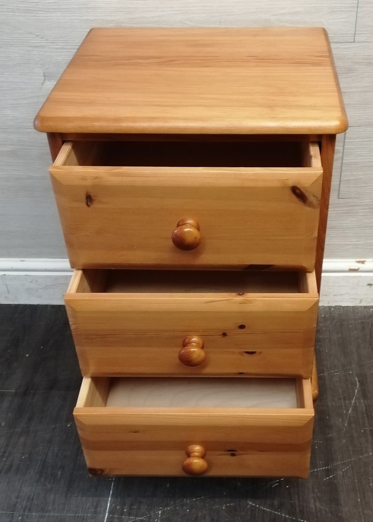 Quality solid pine three drawer bedside chest