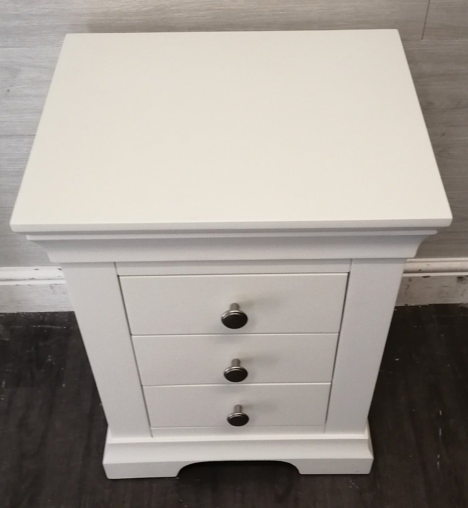 Quality three drawer white bedside