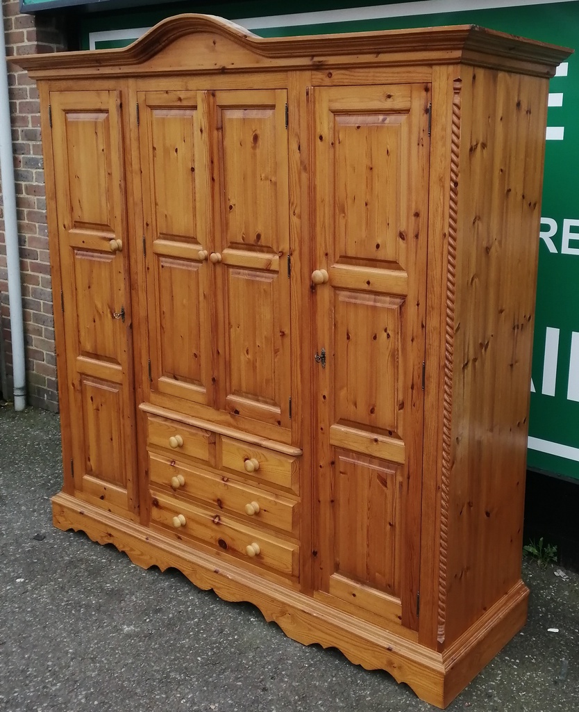 Large Solid Pine Four Door Wardrobe With Drawers