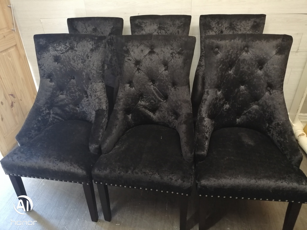 Set Of Six Black Crush Velvet Knocker Back Dining Chairs