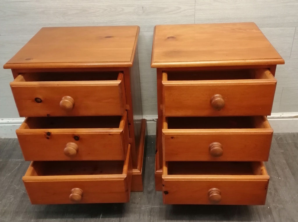 PAIR SOLID PINE THREE DRAWER BEDSIDES CHESTS