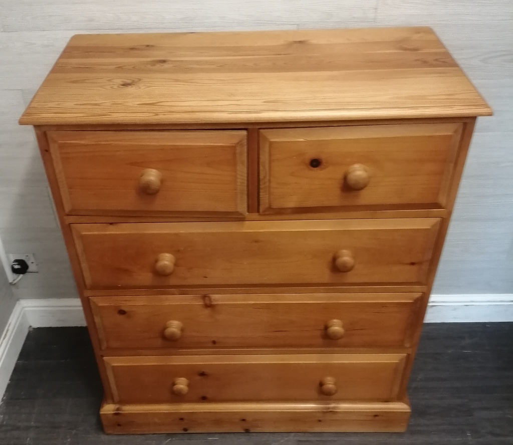 Solid pine five drawer chest