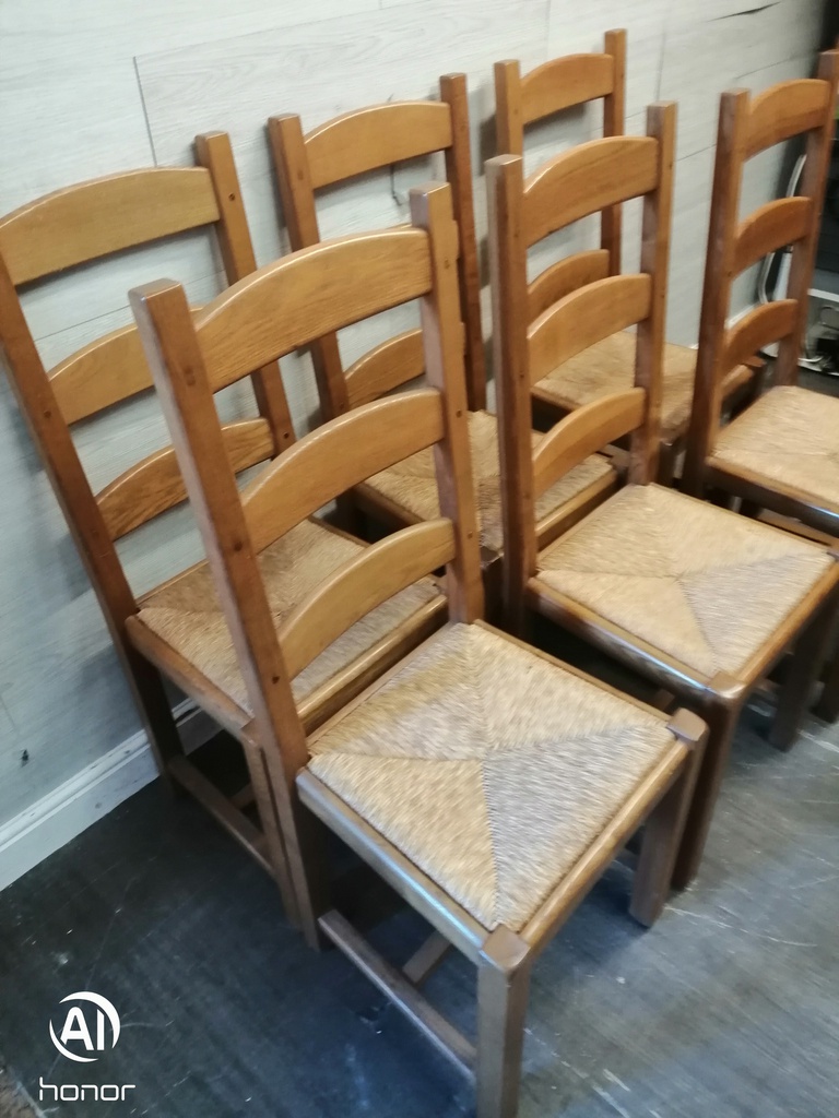 Six X SOLID OAK LADDER BACK DINING CHAIRS.