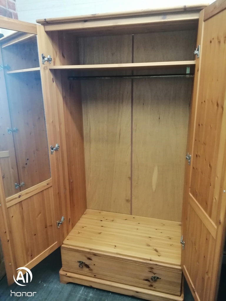 Double pine wardrobe with drawer