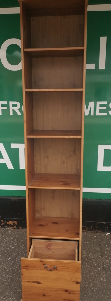 SLIM LINE NARROW PINE BOOKCASE WITH DRAWER
