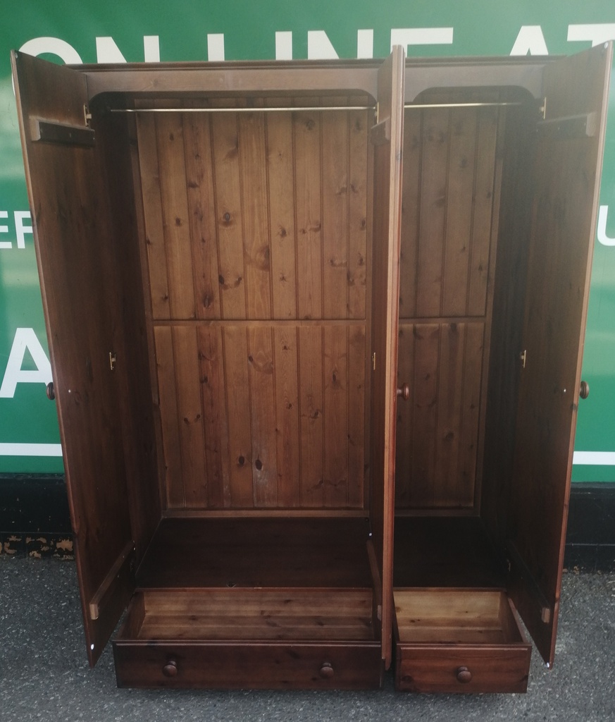 Triple size solid dark pine wardrobe with drawers