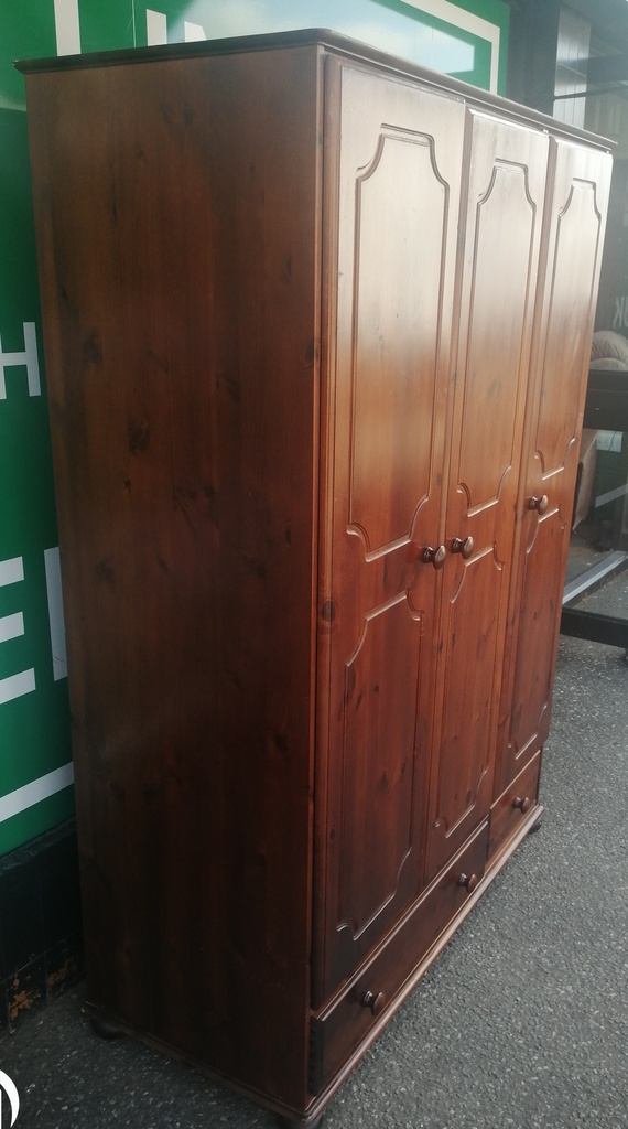Triple size solid dark pine wardrobe with drawers