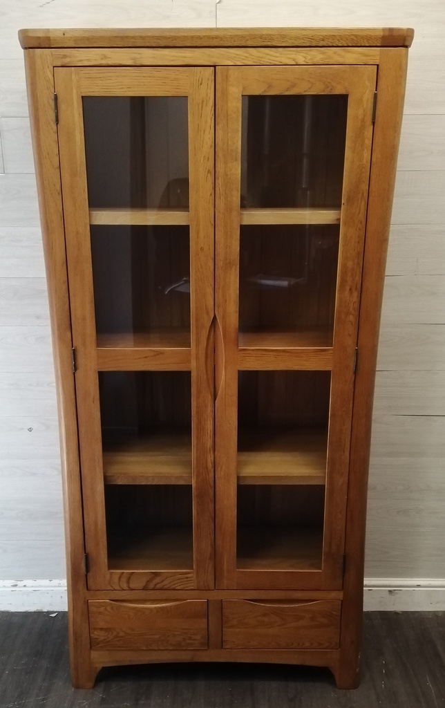 OAK GLAZED FRONTED DISPLAY UNIT WITH DRAWERS