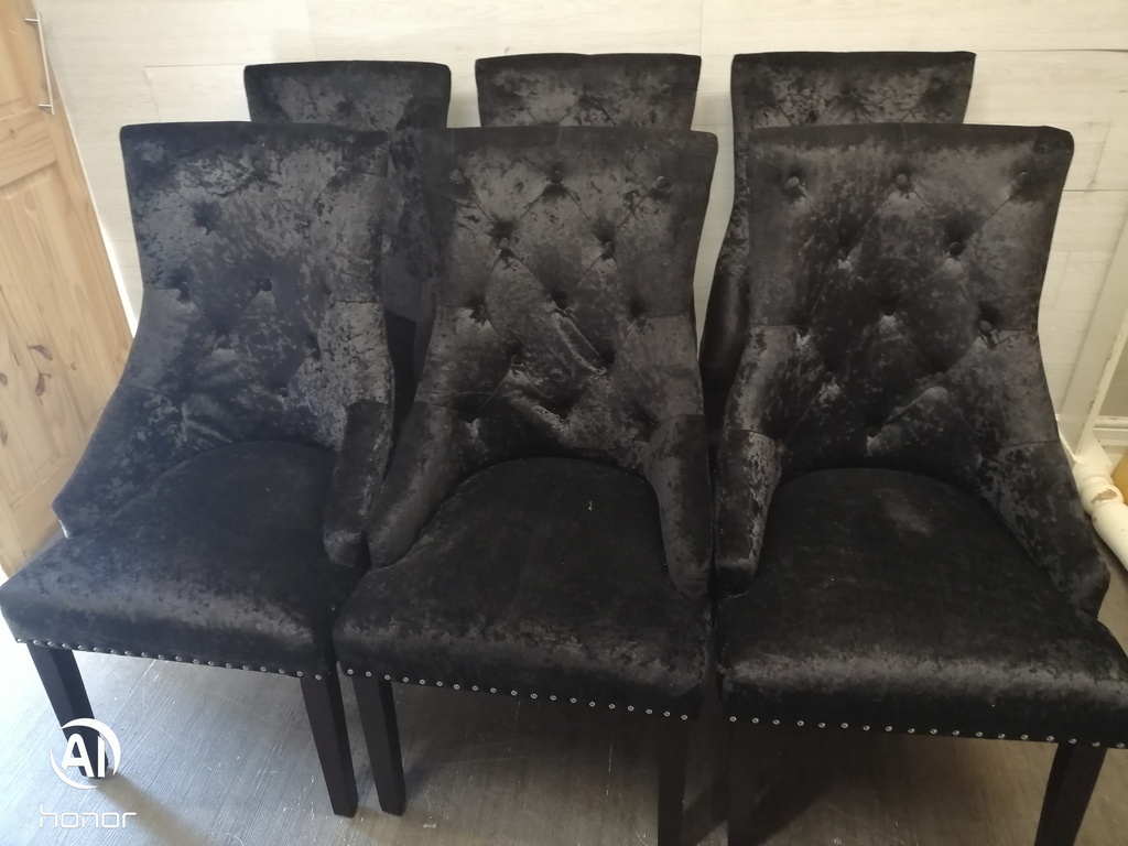 Set Of Six Black Crush Velvet Knocker Back Dining Chairs