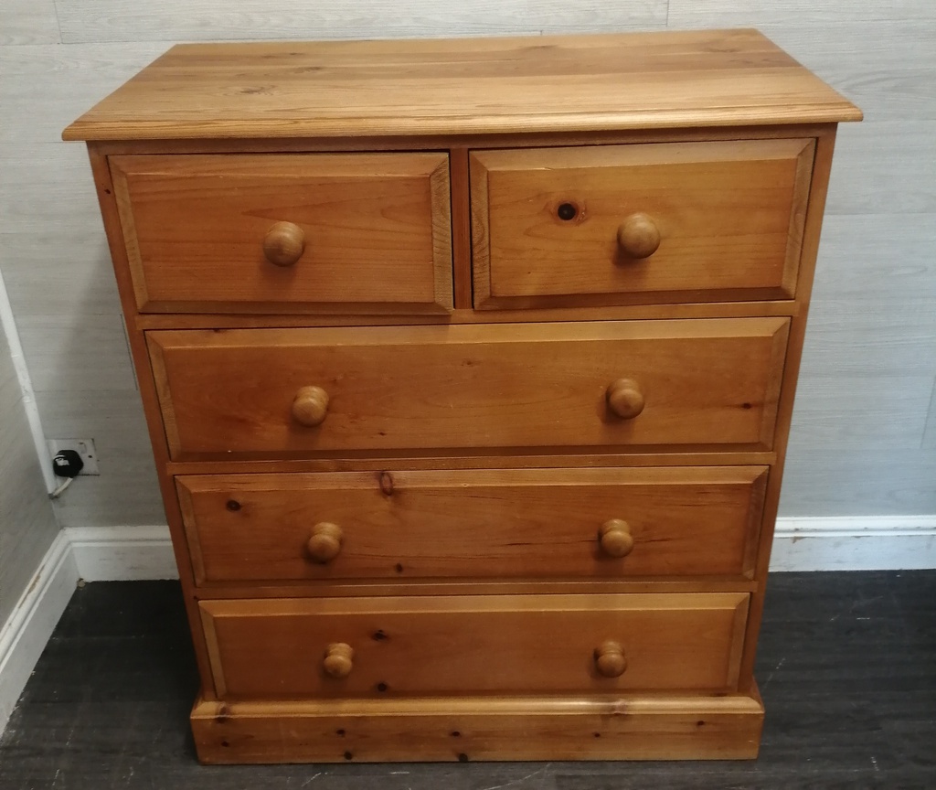 Solid pine five drawer chest